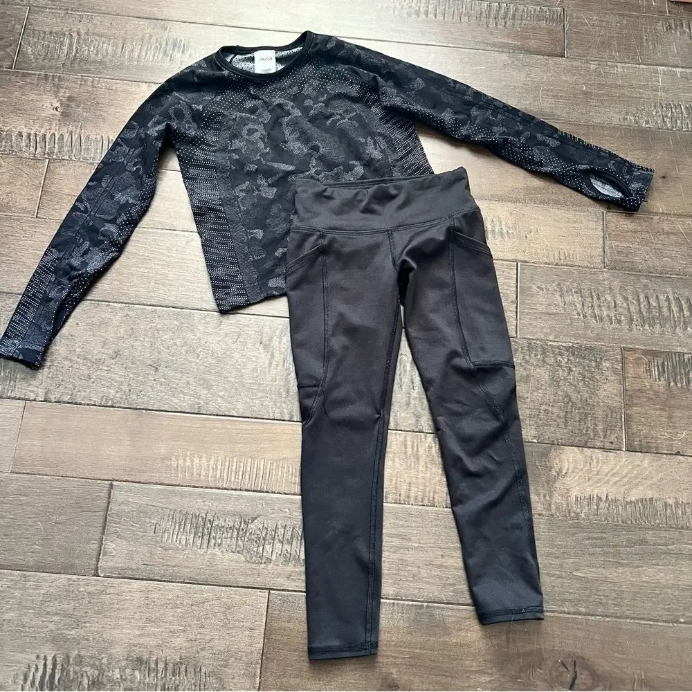 Avia Athletic Works Outfit Bundle Workout Running 4/5 Long Sleeve Shirt Leggings